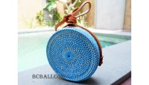 straw synthetic rattan circle bag color blue dongker